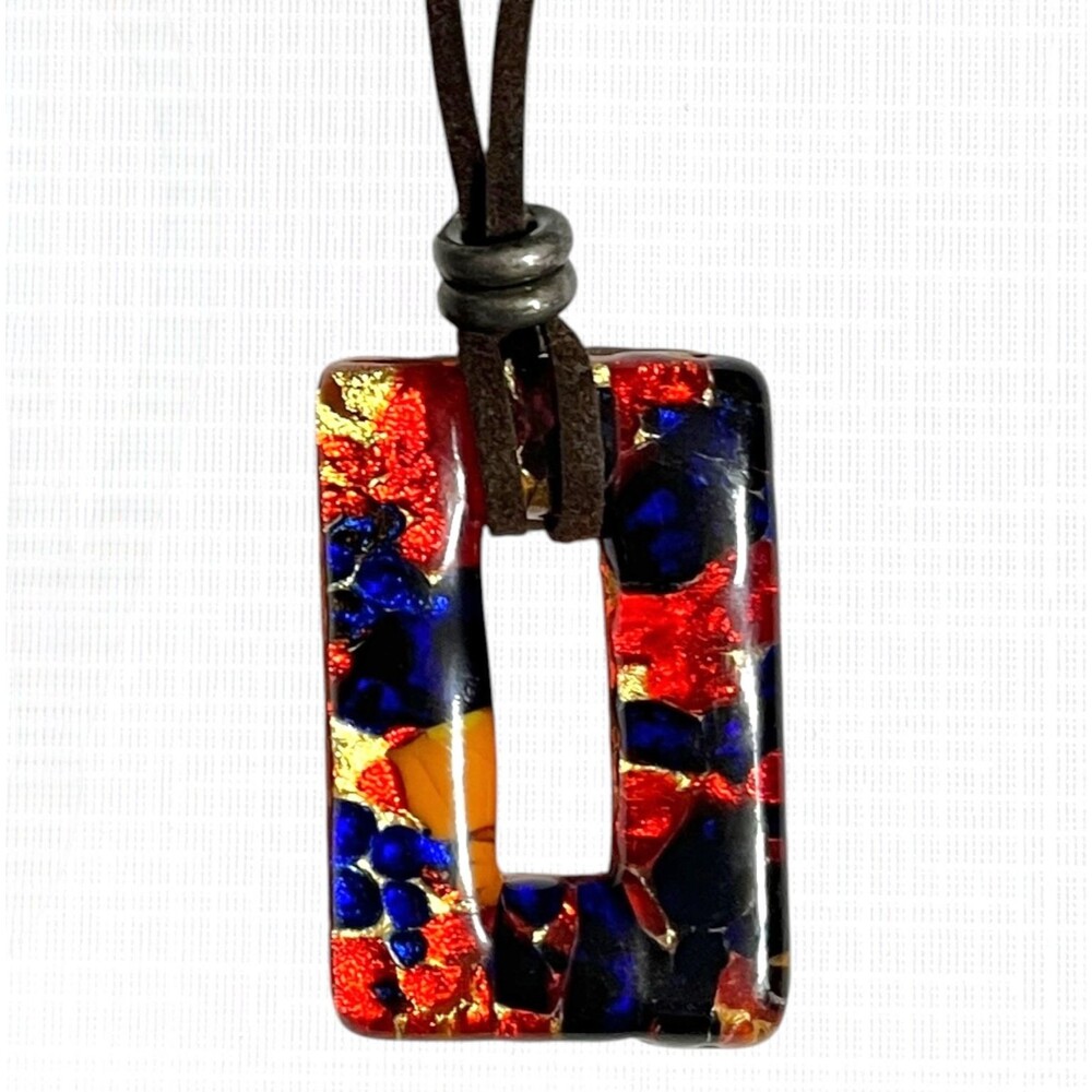 Venetian Style Art Glass Pendant Necklace Open Rectangle Fused Handmade Colorful